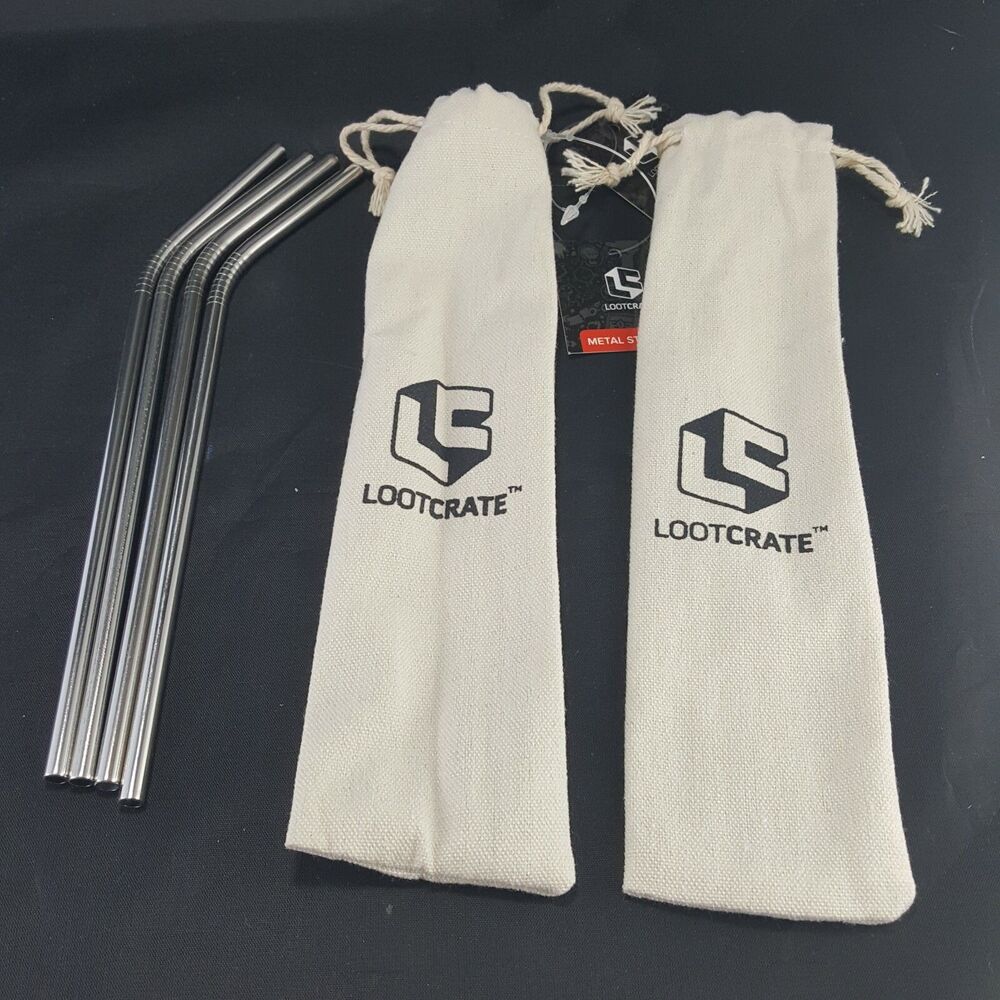 Loot Crate Branded Metal Reusable Straws W/ Bag Lot Of 2 Sets New 4 Total Straws